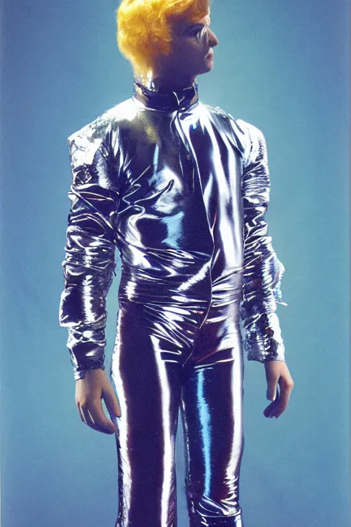 Image similar to portrait davis taylor brown dressed in 1 9 8 1 space fantasy fashion, shiny metal