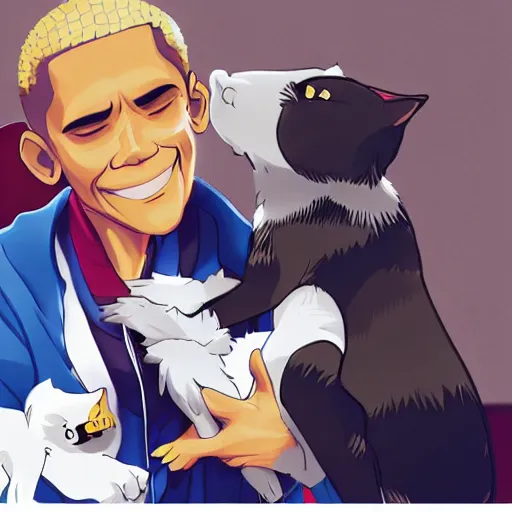 Prompt: “anime key visual of Obama petting a cat, pixiv”