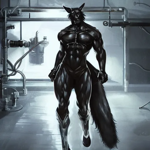 Prompt: splash art of a super buff black - coated anthropomorphic horse character in a research facility wearing a leather combat suit, long hair, exaggerated muscles, highly detailed, furry, furaffinity, digital painting, artstation, sharp focus, illustration, art by artgerm, greg rutkowski, alphonse mucha