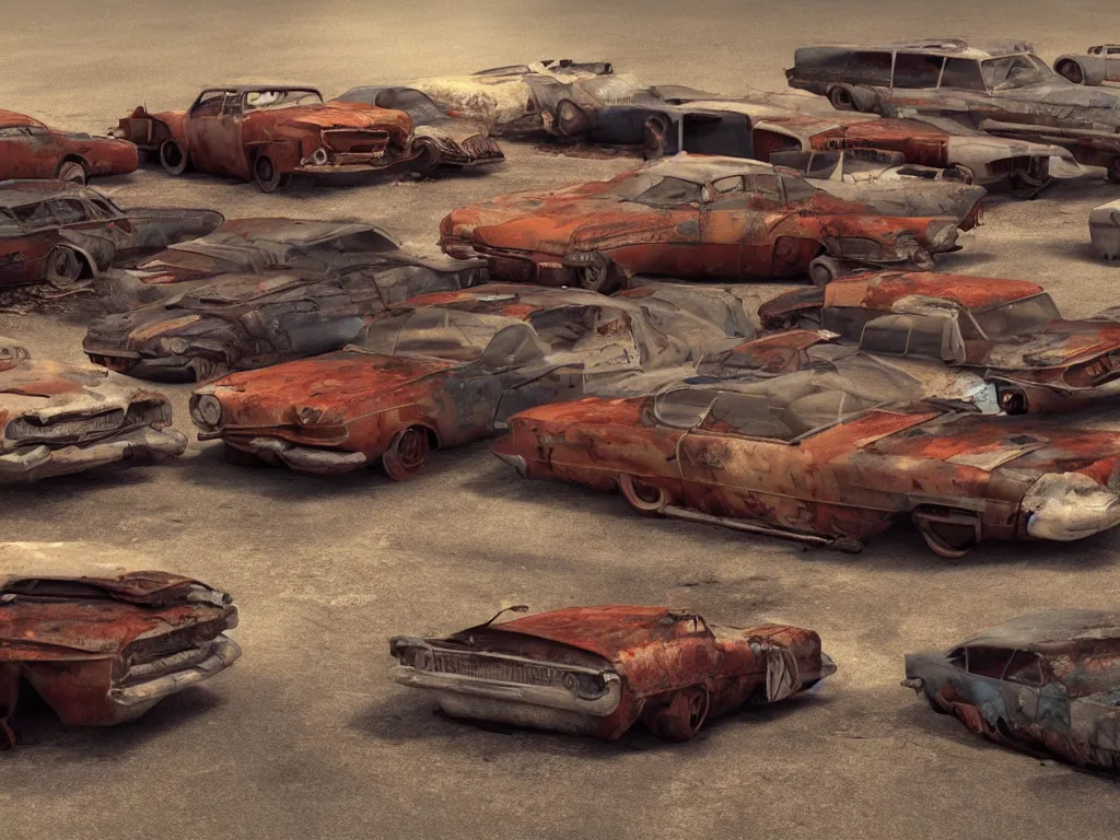 Prompt: an abandoned junkjard full of rusty dream cars from the fifties, 1 6 mm wideangle lens, volumetric lighting, octane render, artstation