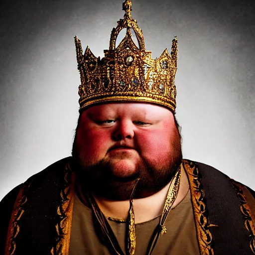 Image similar to stunning beautiful portrait photography of a medieval fat king with crown from national geographic magazine award winning, dramatic lighting, taken with Sony alpha 9, sigma art lens, medium-shot