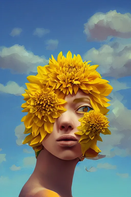 Prompt: closeup girl with huge yellow dahlia flower face, at beach, surreal photography, blue sky, sunrise, dramatic light, impressionist painting, digital painting, artstation, simon stalenhag