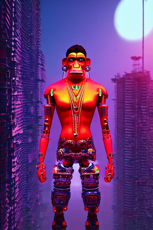 Image similar to high quality 3 d render neon cyborg!! hanuman! madhubani, highly detailed, cyberpunk mumbai in the background, unreal engine cinematic smooth, in the style of solaris, hannah yata charlie immer, moody light, low angle, uhd 8 k, sharp focus