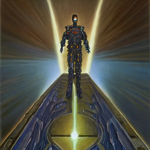 Image similar to the edge of the universe (on film), cybernetic cyborg warrior wearing a cloak , by Vladimir Kush and Donato Giancola