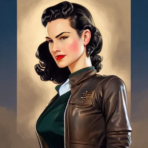 Prompt: portrait of a sexy 1940s female aviator wearing only a leather flight jacket, upper body, D&D, fantasy, intricate, elegant, highly detailed, digital painting, artstation, concept art, smooth, sharp focus, illustration, art by artgerm and greg rutkowski and alphonse mucha