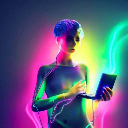 Prompt: computer device made of human flesh computer device wires skin with cyberpunk city dark background neon rainbow hair vivid colors stardust smoke photo 8k