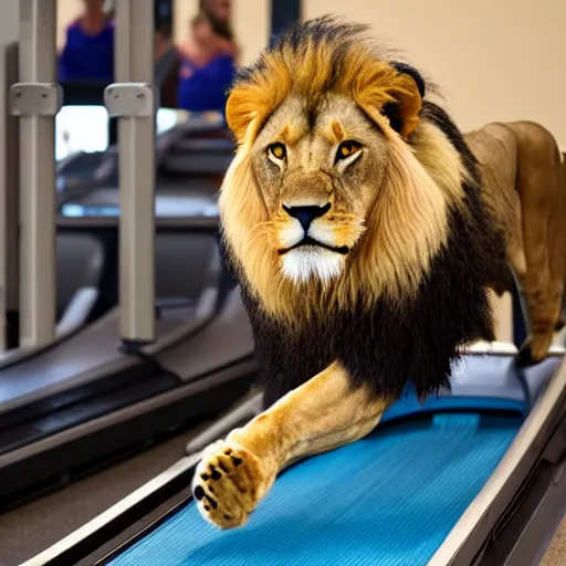 Prompt: a lion running on a treadmill