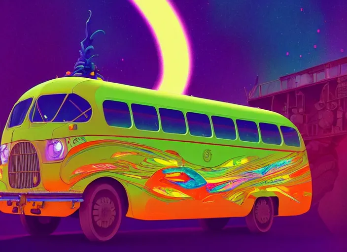 Prompt: a luminescent colorful indian bus by paolo eleuteri serpieri and tomer hanuka and chesley bonestell and daniel merriam and tomokazu matsuyama, unreal engine, high resolution render, featured on artstation, octane, 8 k, highly intricate details, vivid colors, vector illustration