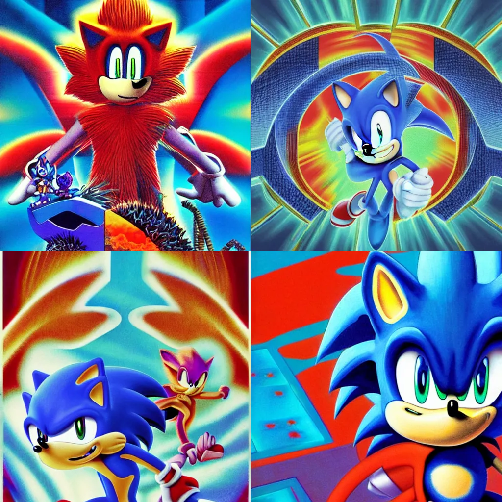 Prompt: surreal, sharp, detailed professional, high quality airbrush art album cover of New Age pagan imagery in the vague shape of sonic the hedgehog, blue checkerboard background, 1990s 1992 Sega Genesis box art