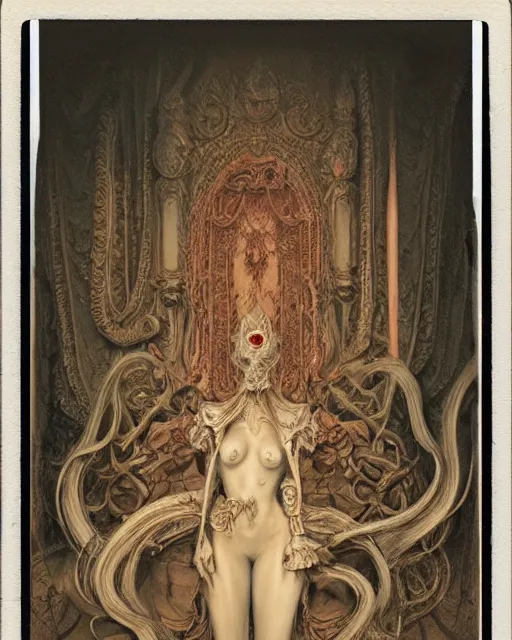 Image similar to a beautiful detailed front view of a dead rotten princess growing ornate baroque, ornamentation, elegant, beautifully soft lit, by wayne barlowe, peter mohrbacher, kelly mckernan, 1 9 1 0 polaroid photography