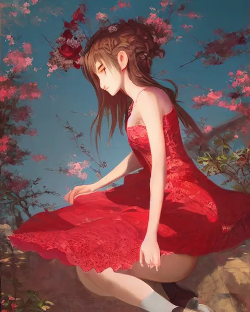 Image similar to aerith gainsborough in red lace skirt, portrait, illustration, rim light, top light, perfectly shaded, spring time, slight overcat lighting, soft painting, art by krenz cushart and wenjun lin