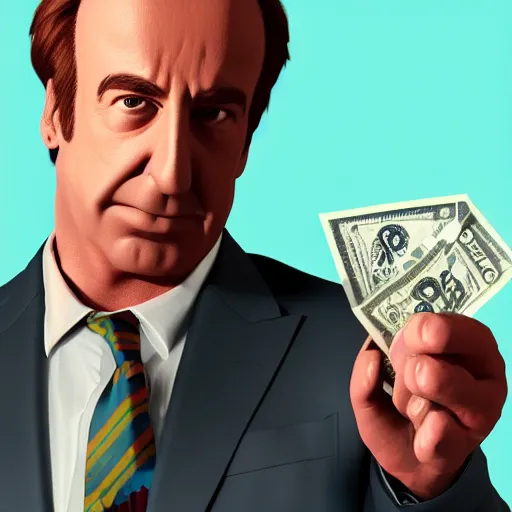 Prompt: multicolor 3 d render of saul goodman holding money by @ hoodass in 4 k ultra high resolution, with depressive feeling