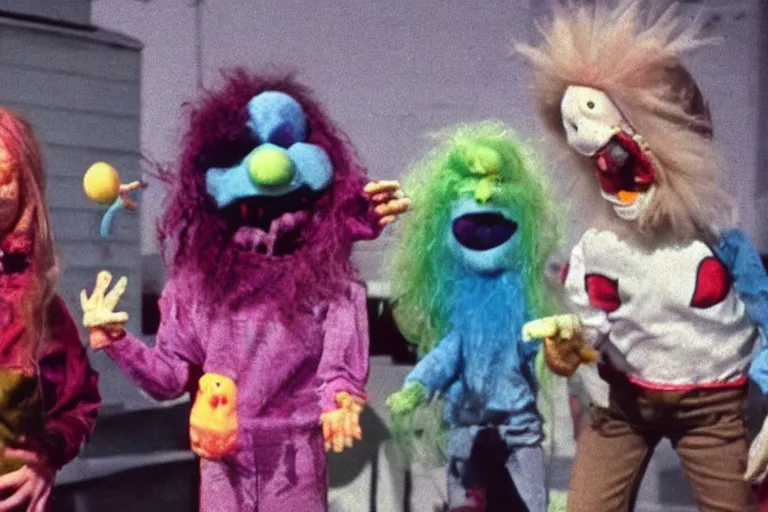 Prompt: a glitchy full color still from a weird live action 1 9 7 3 kids show about cheese death, puppets, fuzzy ghost, grunge, horror