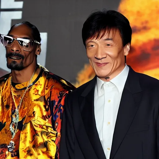 Prompt: a picture of the rock, snoop Dogg and Jackie Chan posing together for the camera