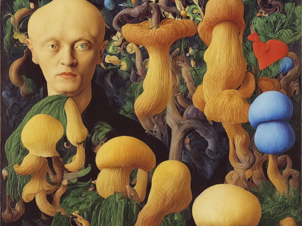 Image similar to Portrait of albino mystic with blue eyes, with beautiful exotic mushroom. Painting by Jan van Eyck, Audubon, Rene Magritte, Agnes Pelton, Max Ernst, Walton Ford