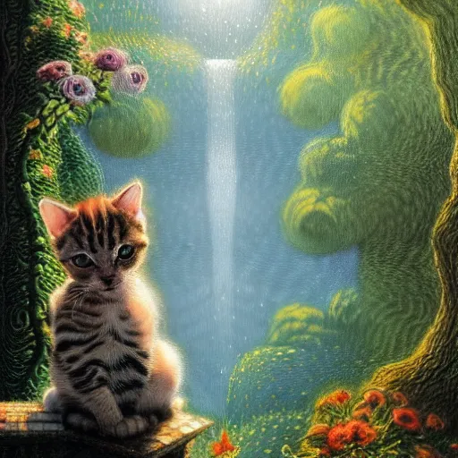 Prompt: painting of one kitten in the enchanted forest standing on the steps and watching the waterfall, fantasy, intricate, extremely detailed, matte, featured in artstation, art by louis wain, greg rutkowski, alan lee