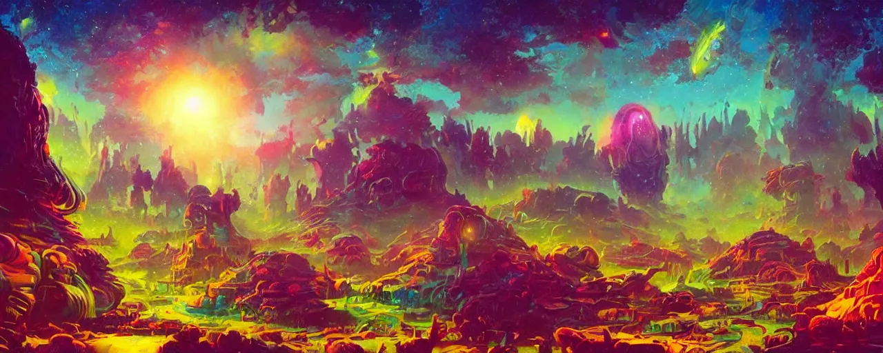 Prompt: ” mysterious and whimsical alien landscape, [ colorful, inviting, cinematic, detailed, epic, widescreen, opening, establishing, mattepainting, art by slop and paul lehr ] ”