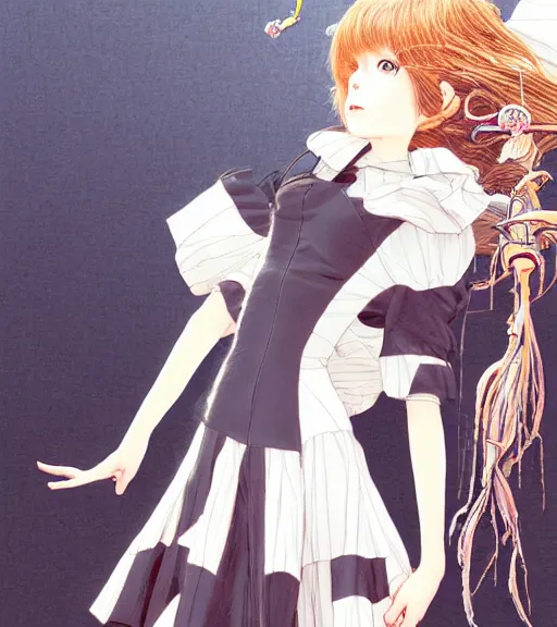Image similar to girl with morbid thoughts wearing a black spring dress with short brown hair, queen of sharp needles and under the effect of psychosis, by Range Murata, Katsuhiro Otomo, Yoshitaka Amano, and Moebius. 3D effect.