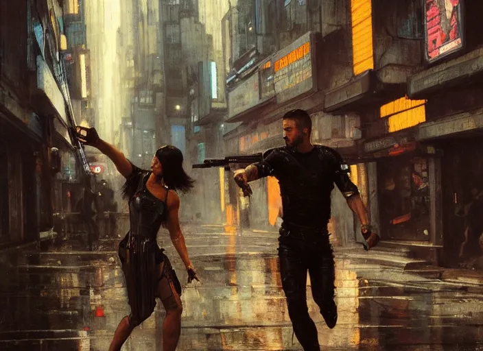 Image similar to blade runner fighting android replicants ( blade runner 2 0 4 9, cyberpunk 2 0 7 7 character design ). orientalist portrait by john william waterhouse and james gurney and theodore ralli and nasreddine dinet, oil on canvas. cinematic, hyper realism, realistic proportions, dramatic lighting, high detail 4 k