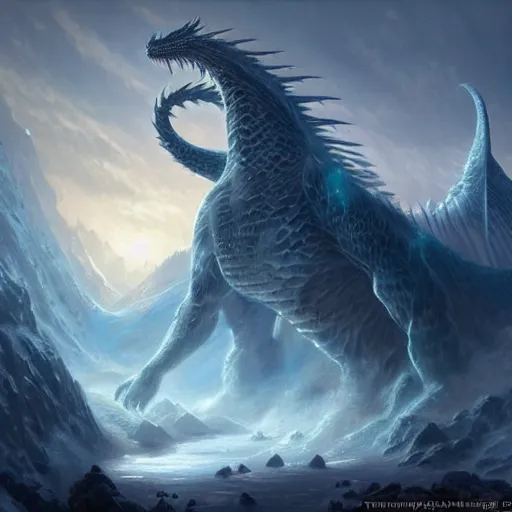 Prompt: A highly detailed fantasy concept art matte oil painting by Greg Rutkowski and Thomas Kinkade of a very realistic, huge ancient ice dragon with lots of crystal blue scales, flying through the clouds over some tall snowy and icy mountains with lots of rocks in the early morning with the sun blocked by all the clouds, light blue and dark blue color scheme.