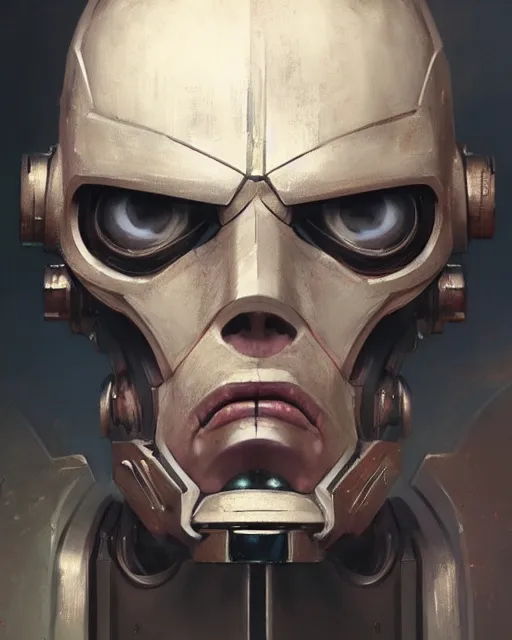 Image similar to hyper realistic portrait of warhammer robotic android head, cinematic, chaos marine, artstation, cgsociety, full head, greg rutkowski, james gurney, mignola, craig mullins, brom