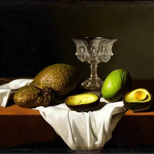Prompt: still life by willem claesz heda, avocados, bread, linen, a fly, silver, leftover meat pie, overturned chalice, surreal glass goblets,