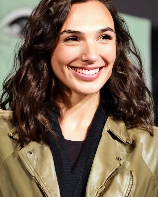 Image similar to headshot of a smiling, gal gadot, she is wearing a leather bomber cap on her head, she is also wearing an a 2 flight jacket, a long green wool scarf is wrapped around her neck