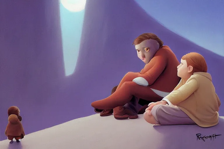 Image similar to beautiful painting of friends, beautiful faces, sitting on the edge, cute, soft light, digital painting by ralph mcquarrie