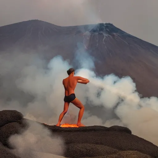 Prompt: man in a swimsuit sunbathing under an umbrella on a volcano with magma eruptions and lava flowing, steam and smoke from smoldering rocks