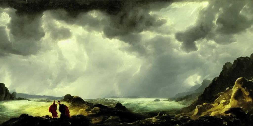 Prompt: a princess, big monster on the horizon, goya the colossus, snowy fjord, storm clouds, dramatic lighting, hudson river school, afternoon