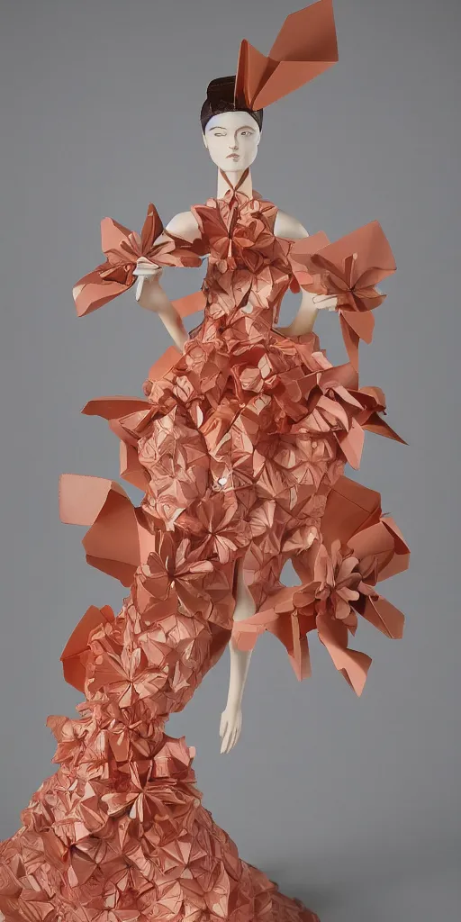 Image similar to portrait of a beautiful ceramic female tiger model wearing sakura and peach ( ( origami themed paper flower ) ) and metallic molded shaped gown, haute couture by issey miyake