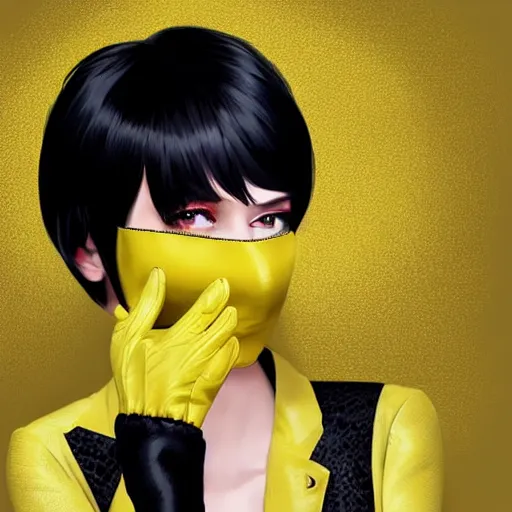 Image similar to slim girl in yellow snake skin tuxedo and black leather gloves with short black hair and with black eye patch, elegant, 2d, ultra highly detailed, digital painting, smooth, sharp focus, artstation, art by Ilya Kuvshinov