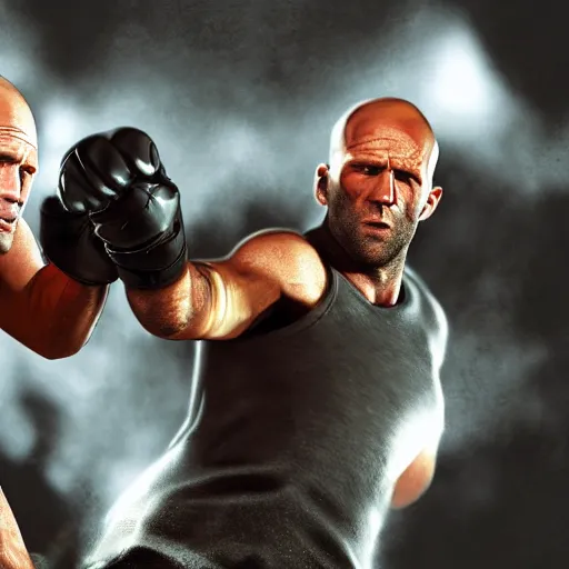 Prompt: jason statham fighting a pc, half body shot, path traced, fight scene, highly detailed, high quality, digital painting