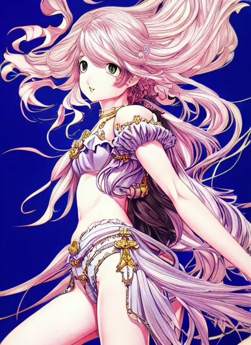 Prompt: exquisite imaginative fate manga poster of princess, long wavy hair, armor, ruffles, by shigenori soejima, minaba hideo, katsuhiro otomo, jump comics, fluorescent, illustration, artstation, dark fantastic, highly detailed, 8 k, maximalist
