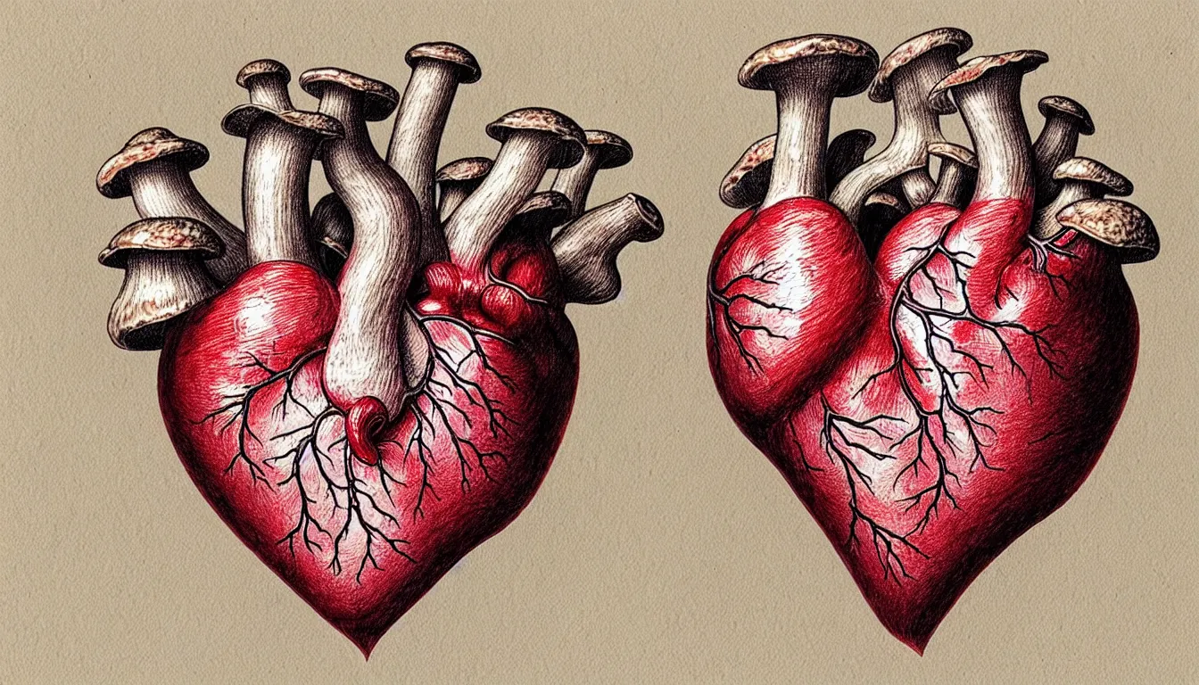 Prompt: a human heart with mushrooms growing on it, anatomically correct drawing