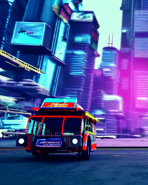 Image similar to philippine jeepney flying through cyberpunk manila city, cgi render, concept art, unreal engine