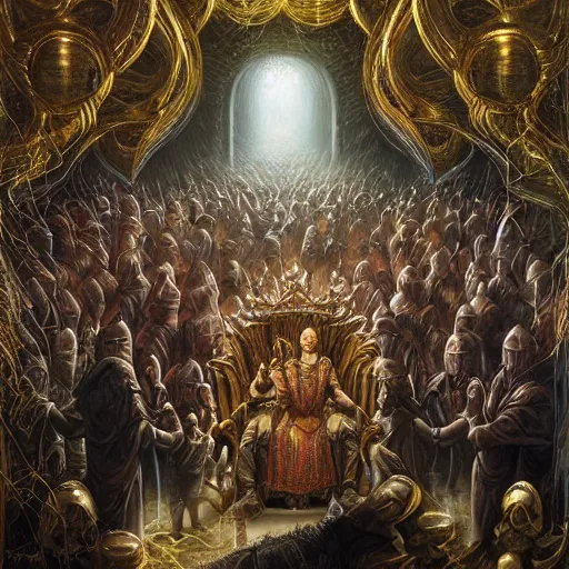 Prompt: a fantasy painting of a crowd around a king sitting on a throne by Tomasz Alen Kopera