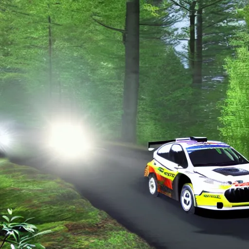 Image similar to 3 rally cars racing through a forest with a river behind them, sun shining through the trees, motion blur high detail ultra realistic