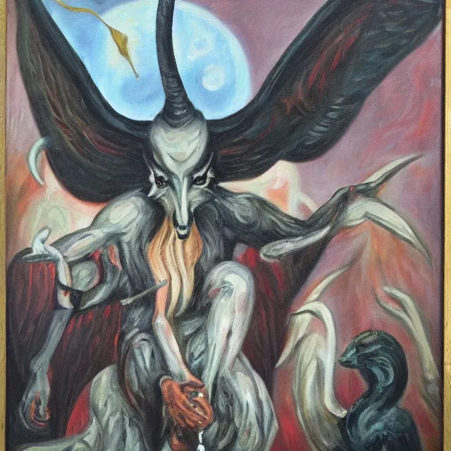 Image similar to baphomet, vintage, oil painting