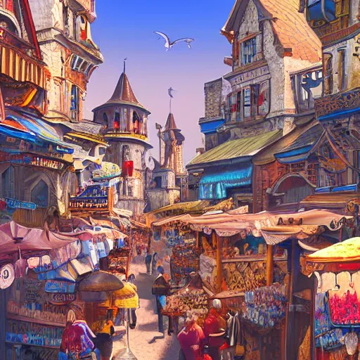 Image similar to bright fantasy medieval city, blue sky, busy market street, highly detailed and intricate 8 k concept art fantasy illustration