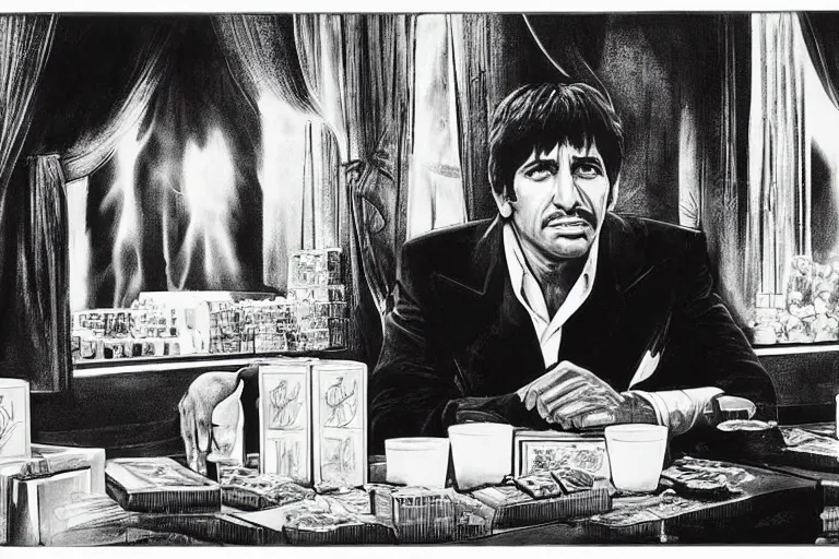 Image similar to tony montana from movie scarface 1 9 8 3 sitting at a table with packages of flour. next to the night window. al pacino. perfect symmetric face, coherent eyes, fine details, 8 k, ron cobb