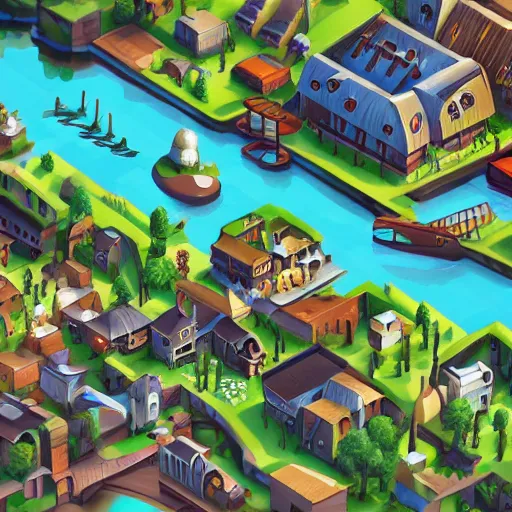 Image similar to small fantasy town, view from above, isometric, stylized, low poly, river, watermill