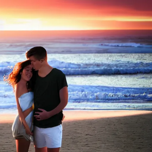 Image similar to Portrait of of a young 22 year old couple on the beach, face facing the ocean, sunrise, ray tracing, uplifting mood, happiness, majestic, 16k