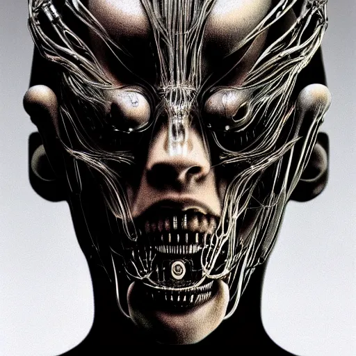 Image similar to portrait of neural nightmares by yoshitaka amano and HR Giger, detailed face face face face, facial structure, hd, 8k, very very very very electronic, biomechanical, biology, bio, neural machine, single subject, terror
