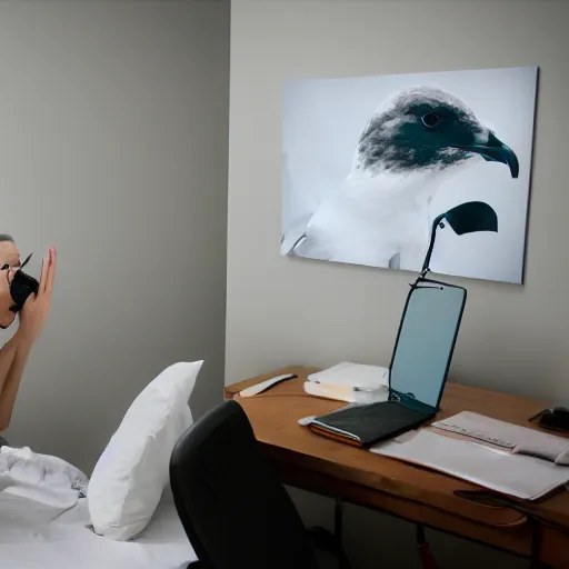 Image similar to an angry seagull typing at a computer in it's bedroom, studio portrait, dramatic background and lighting