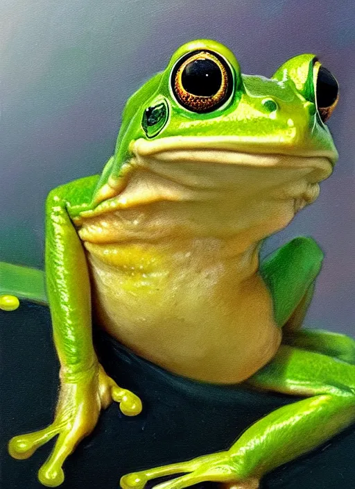 Image similar to portrait of a frog from the archive of storms. by Daniel F. Gerhartz, hyperrealistic oil painting, 4k, studio lightning, very detailed face