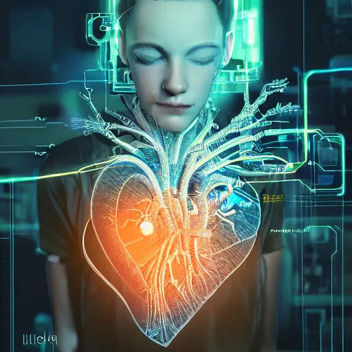 Image similar to a human heart, revealing wires and electronics, hooked - up, sci - fi, missing panels, intricate abstract upper body intricate artwork, concept art, octane render, deviantart, cinematic, key art, hyperrealism, iridescent accents, portrait photograph, nikon 3 5 mm, photograph by greg rutkowski