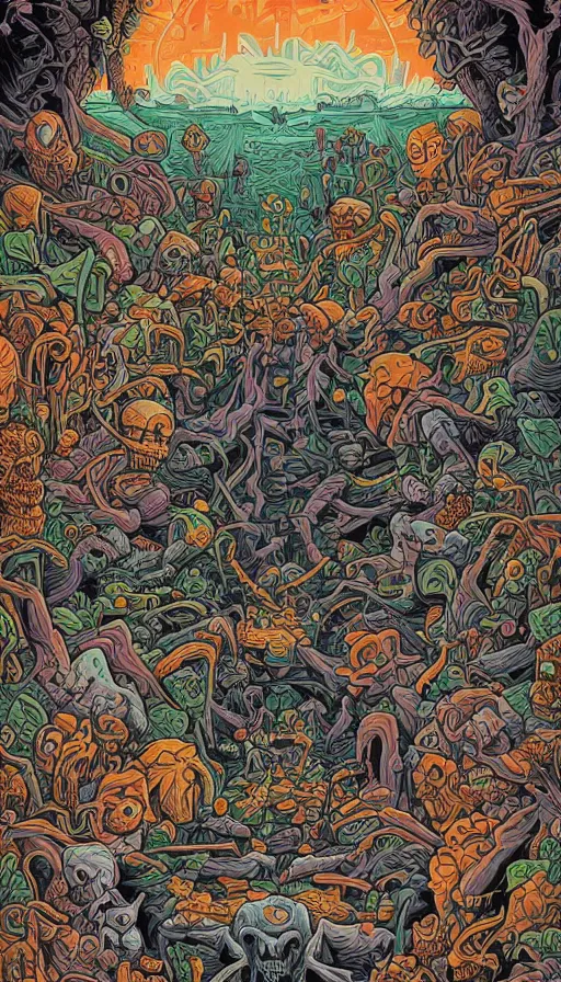 Image similar to life and death mixing together, by dan mumford,