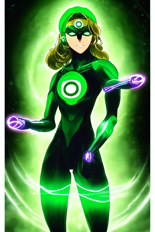 Image similar to anime key visual of a beautiful female green lantern, intricate, glowing accents, powers, glowing ring, speed, goddess, dc comics, cinematic, stunning, highly detailed, digital painting, artstation, smooth, hard focus, illustration, character concepts by senior concept artist