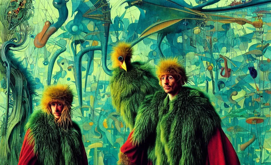 Image similar to realistic detailed portrait movie shot of a birdman wearing green fur coat, sci fi city landscape background by denis villeneuve, amano, yves tanguy, alphonse mucha, ernst haeckel, max ernst, roger dean, masterpiece, rich moody colours, blue eyes, occult